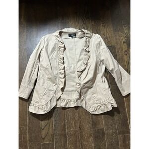 Talbots Jacket Sz 10P Tan/Taupe Ruffled 3/4 Sleeve Open Front Pocketed Blazer
